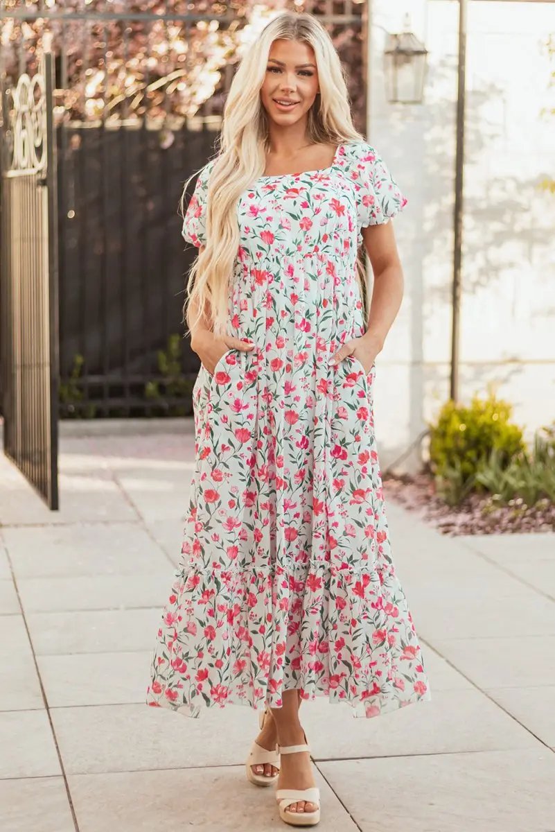 Pink Floral Puff Sleeve Square Neck Empire Waist Maxi Dress - Love Salve